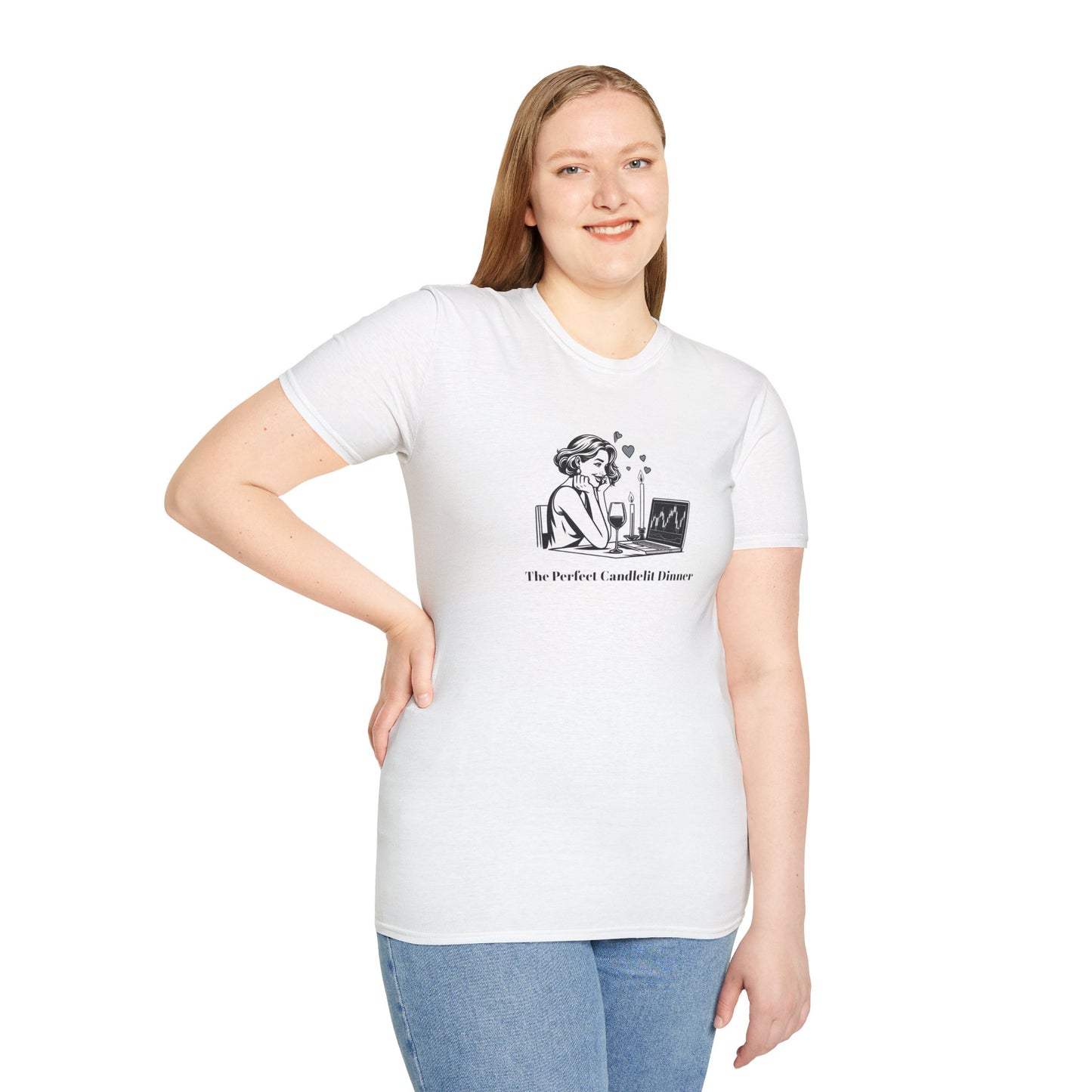 "The Perfect Candlelit Dinner" Finance T-Shirt by Jess Inskip - Unisex Soft Cotton Tee