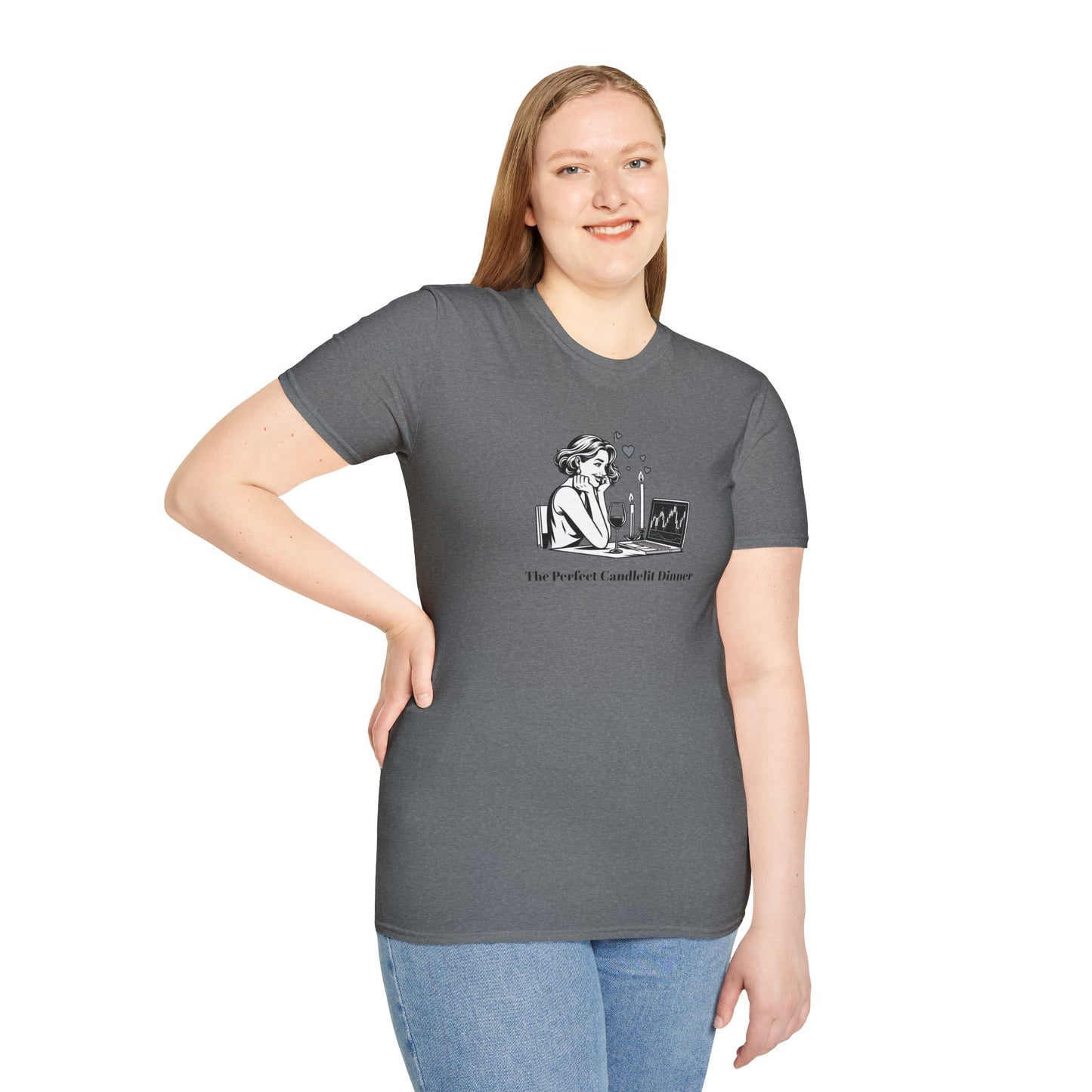 "The Perfect Candlelit Dinner" Finance T-Shirt by Jess Inskip - Unisex Soft Cotton Tee