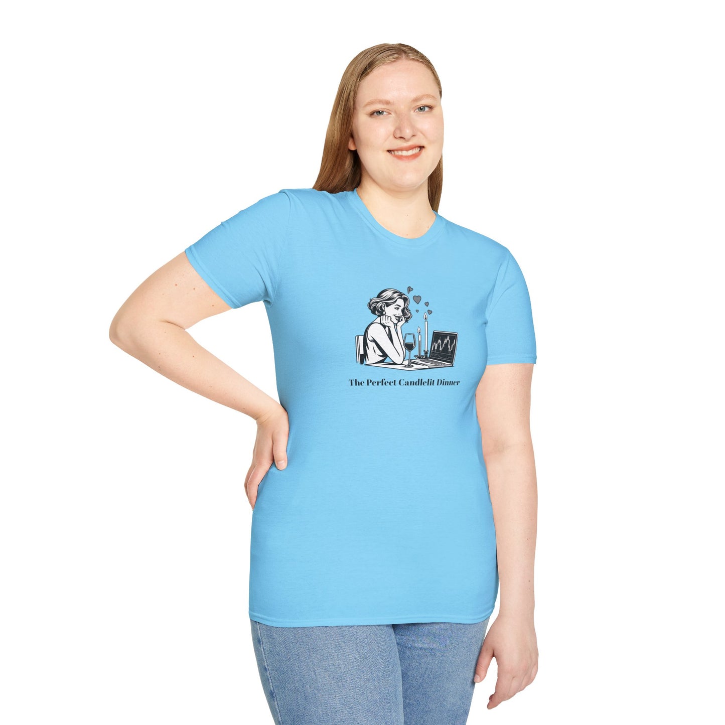 "The Perfect Candlelit Dinner" Finance T-Shirt by Jess Inskip - Unisex Soft Cotton Tee