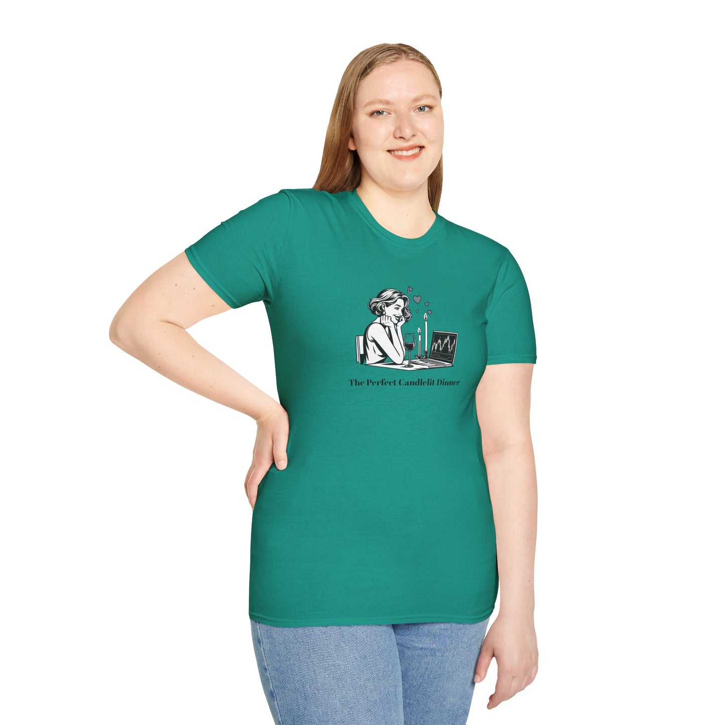"The Perfect Candlelit Dinner" Finance T-Shirt by Jess Inskip - Unisex Soft Cotton Tee