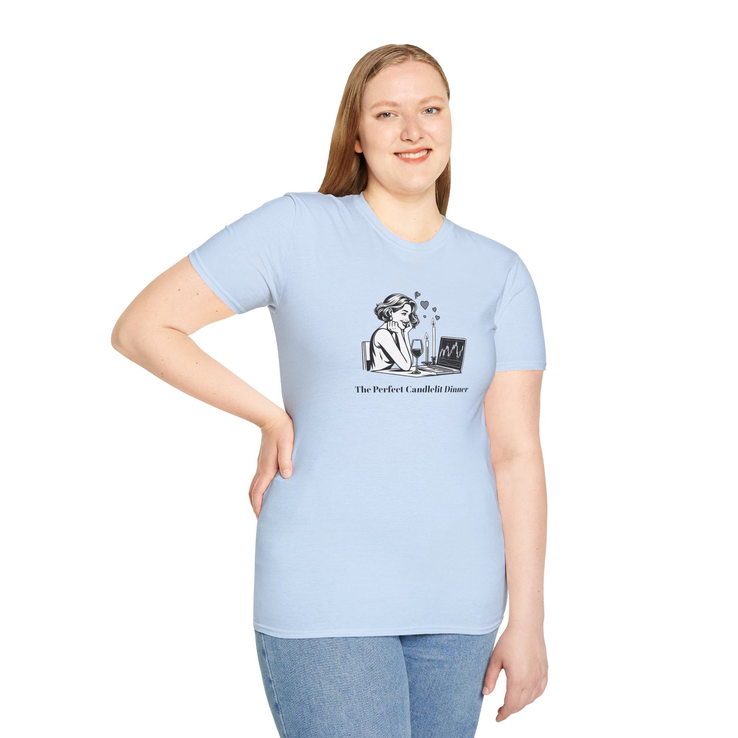 "The Perfect Candlelit Dinner" Finance T-Shirt by Jess Inskip - Unisex Soft Cotton Tee